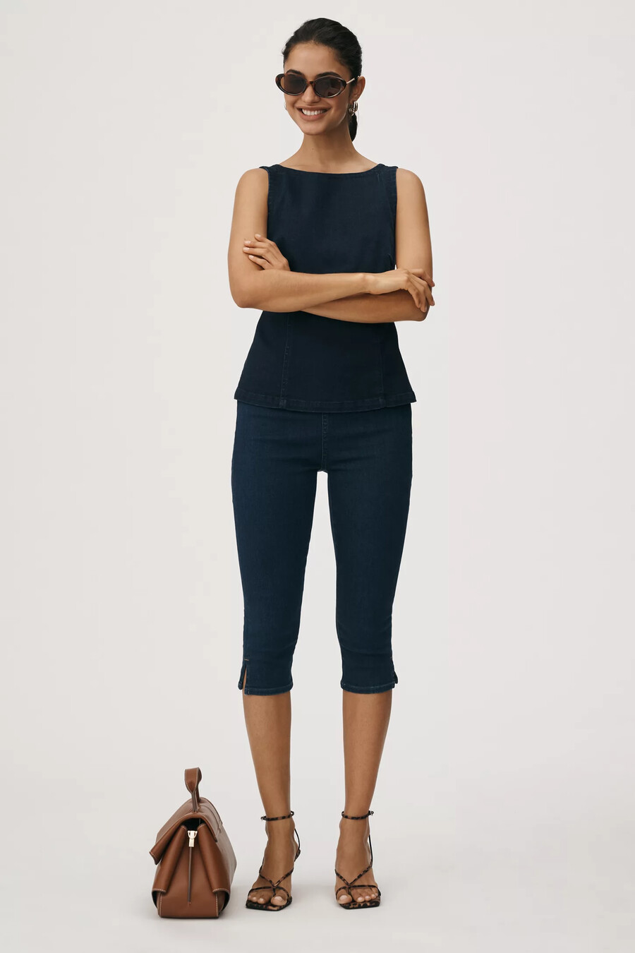 Ärmelloses jeans-peplum-top von pilcro mit offenem rücken