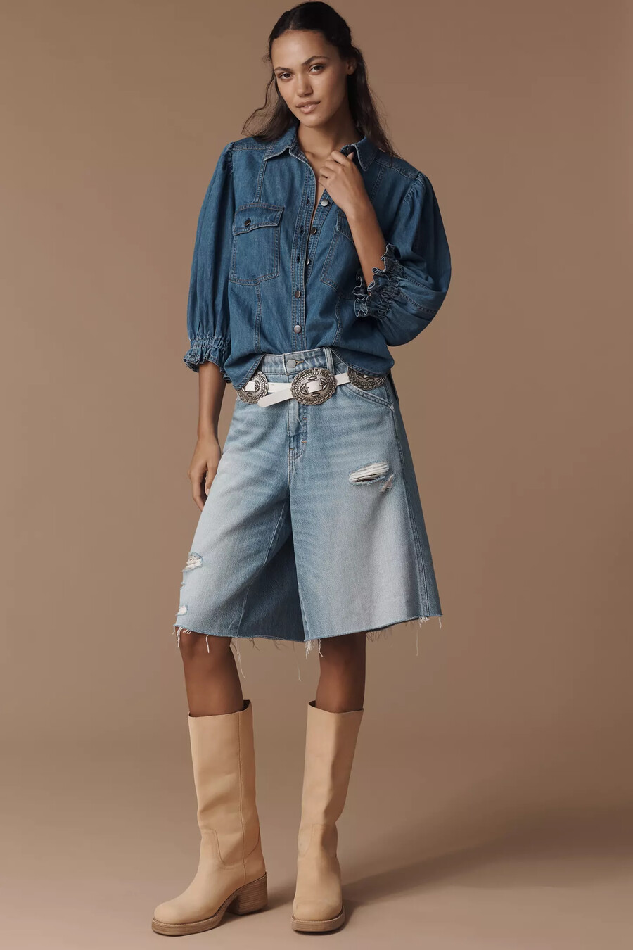 pilcro jeanshemd mit ballonärmeln und knopfleiste