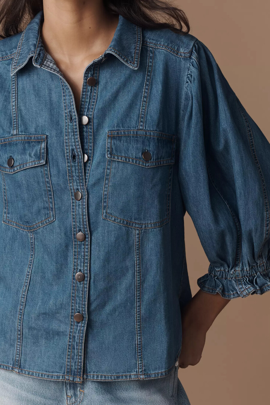 pilcro jeanshemd mit ballonärmeln und knopfleiste