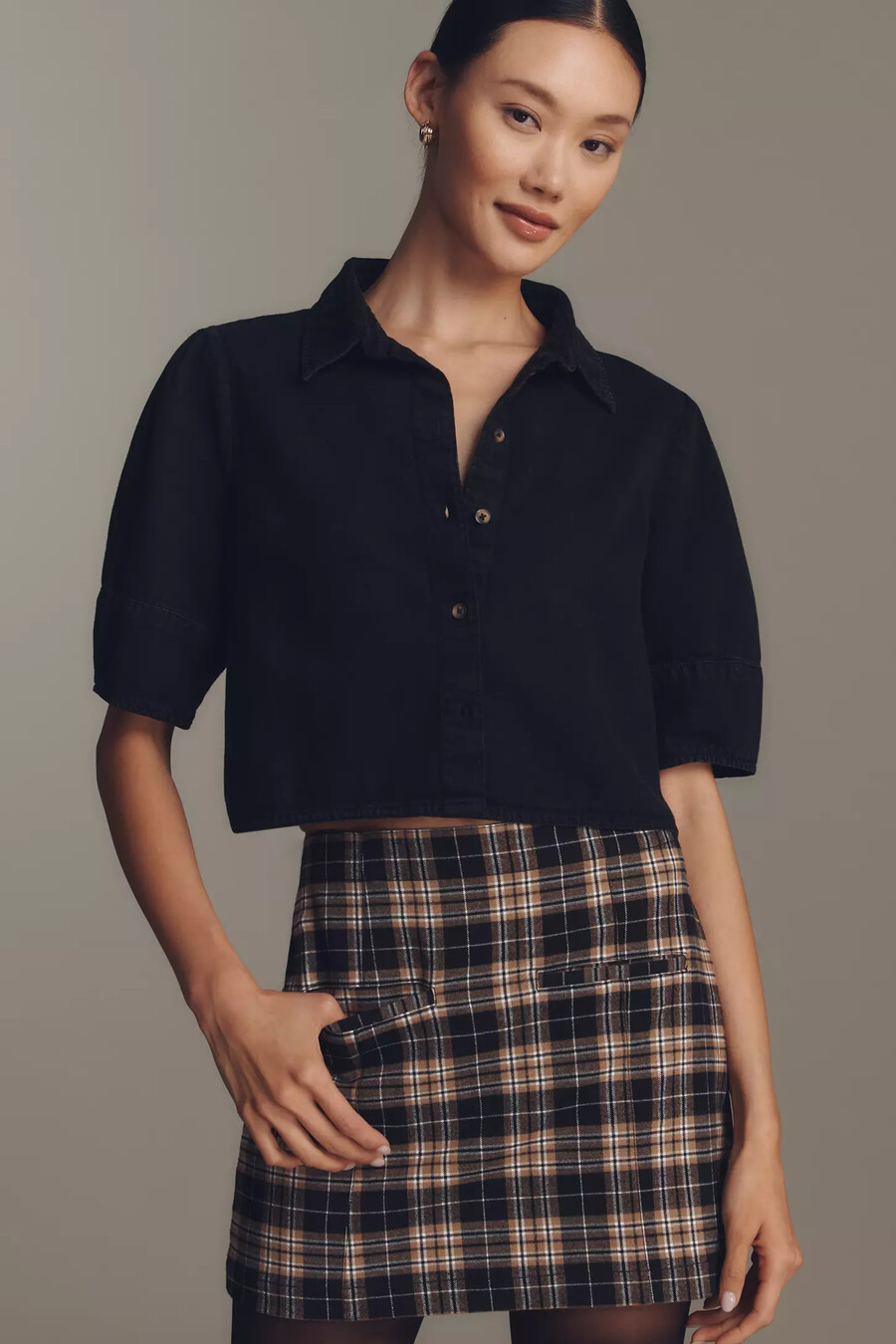 pilcro-bluse mit laternenärmeln und kragen kurzes schnitt