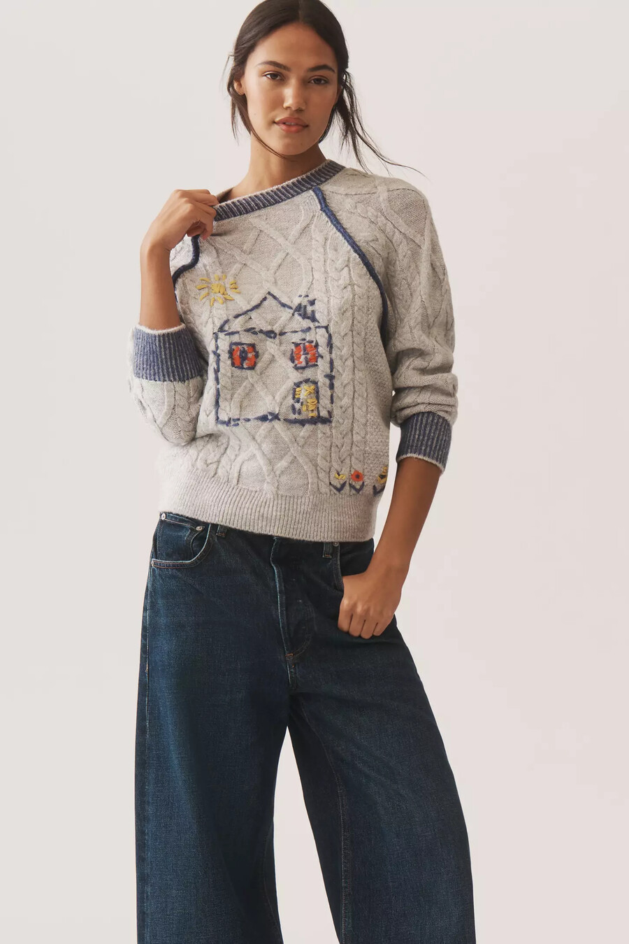 pilcro zopfstrick-pullover mit stickerei