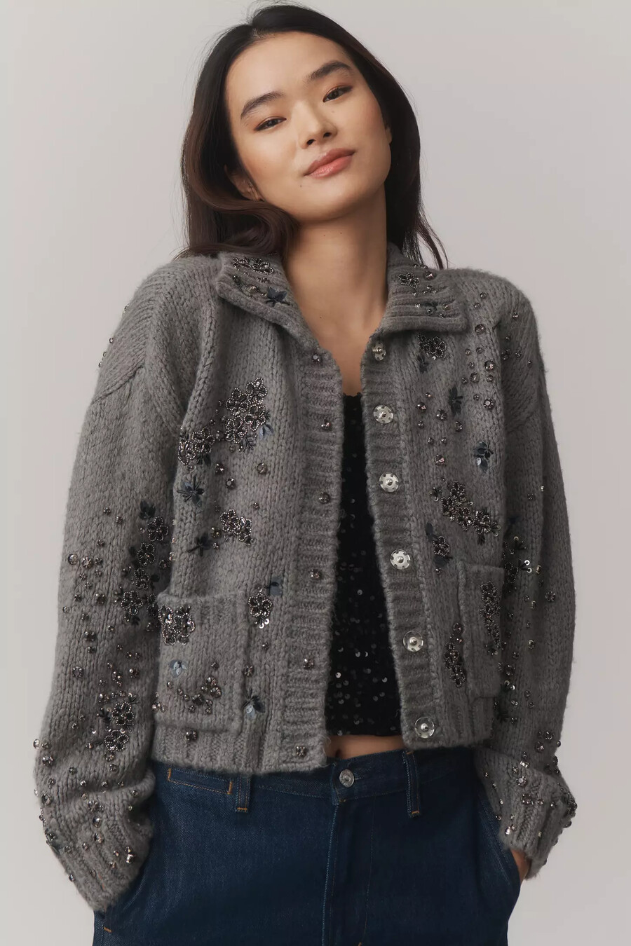 pilcro strickjacke mit blumenmuster und kragen