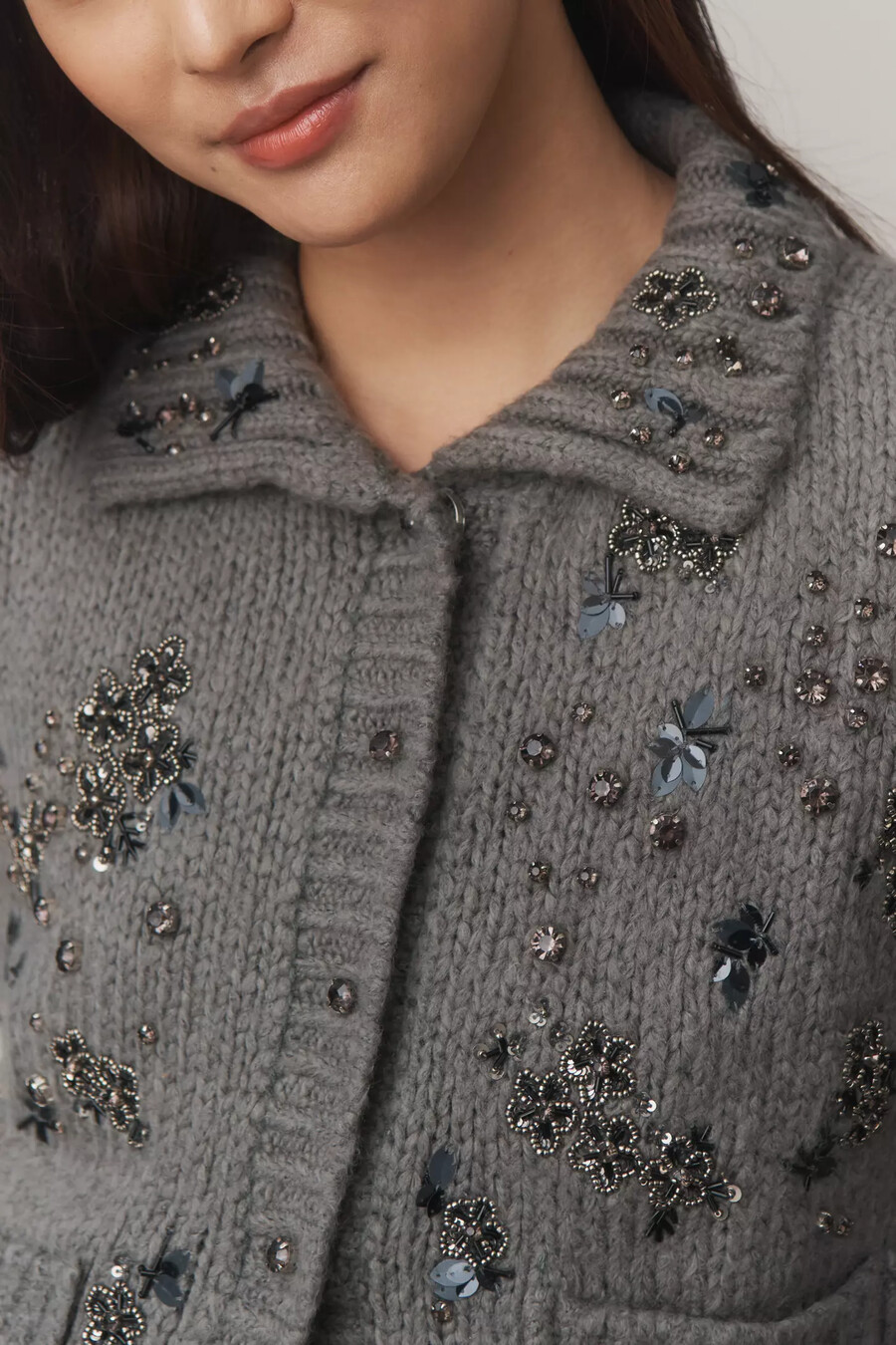 pilcro strickjacke mit blumenmuster und kragen
