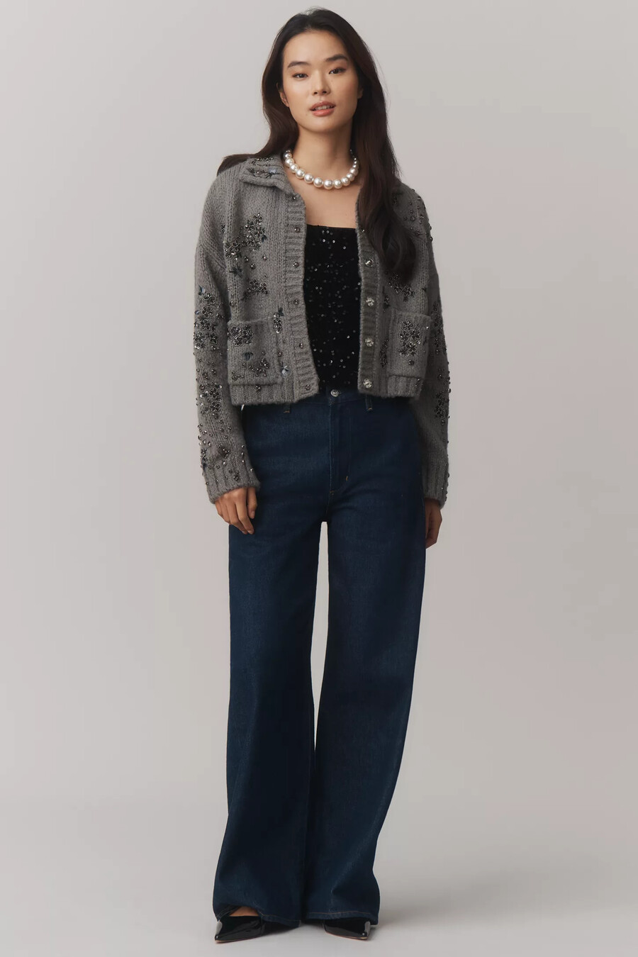 pilcro strickjacke mit blumenmuster und kragen