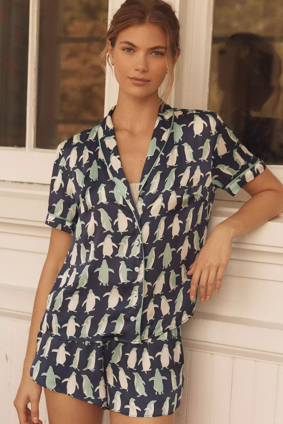 seidiges gemustertes pyjamaoberteil von anthropologie