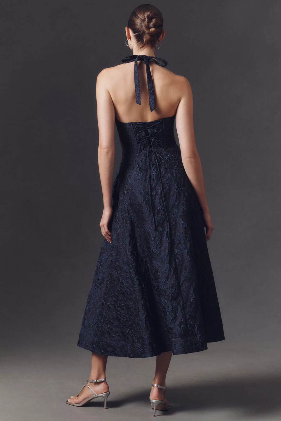 mare mare halter corset fit flare jacquard maxikleid