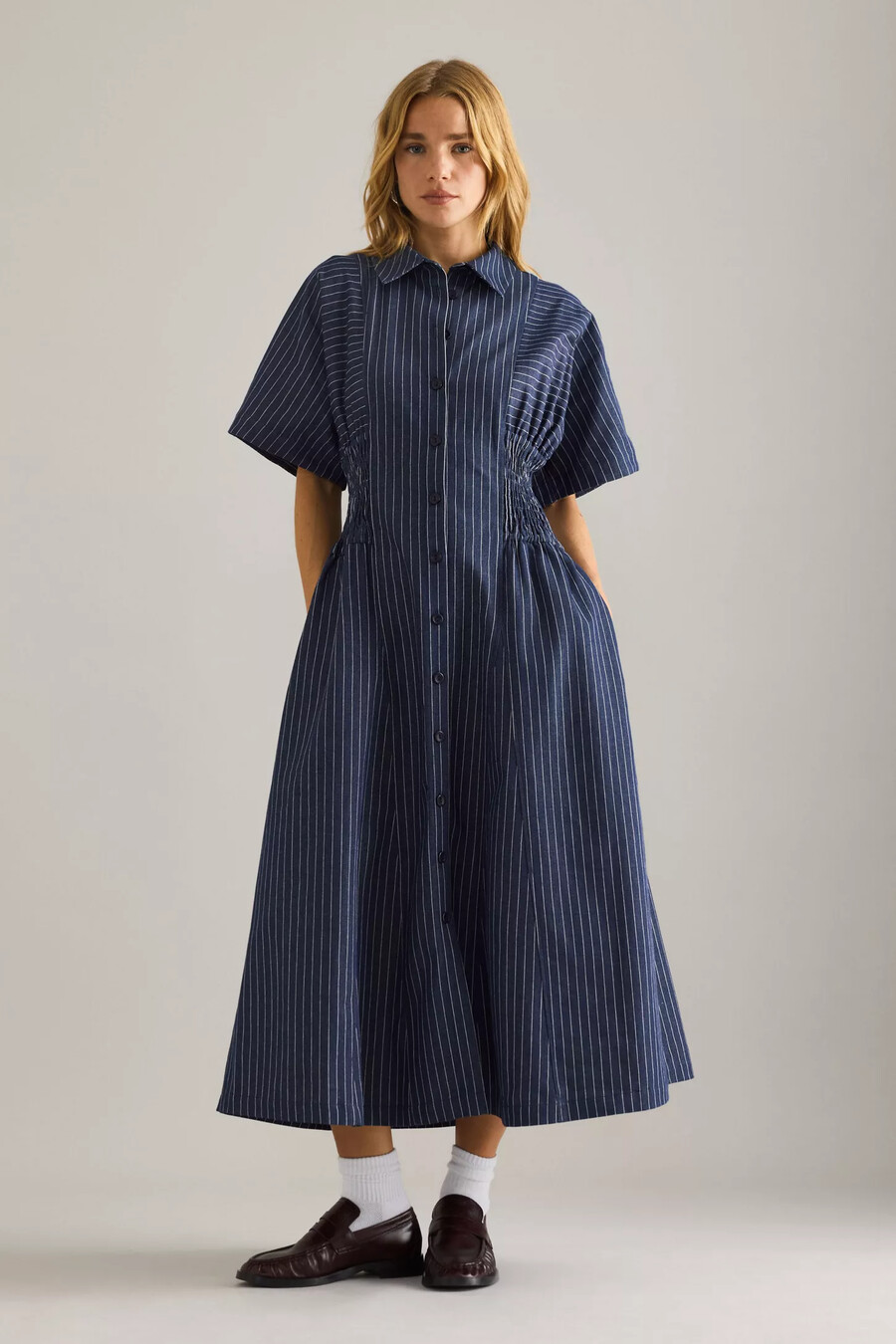 anthropologie poppy denim nadelstreifen-midi-hemdkleid