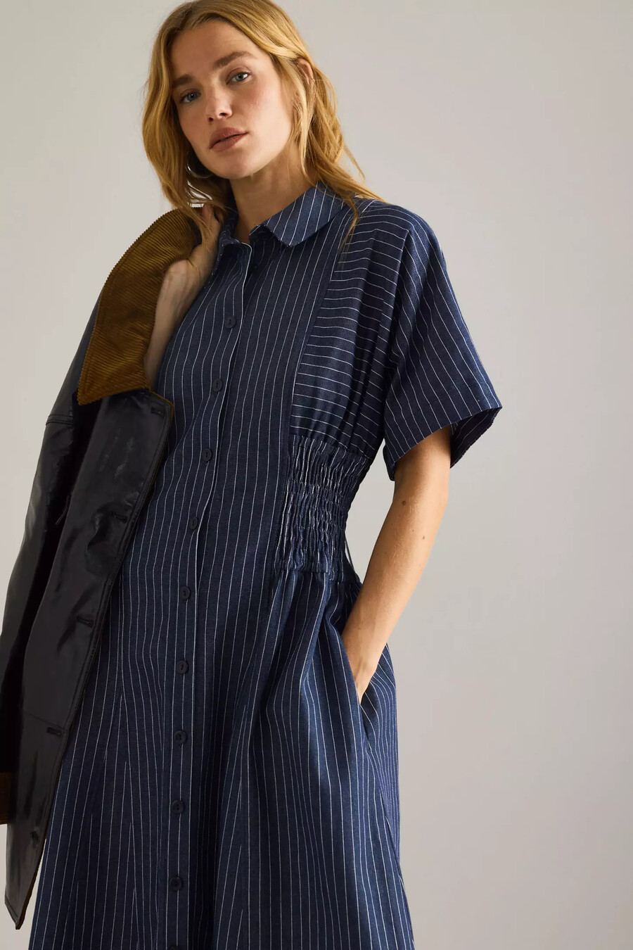anthropologie poppy denim nadelstreifen-midi-hemdkleid