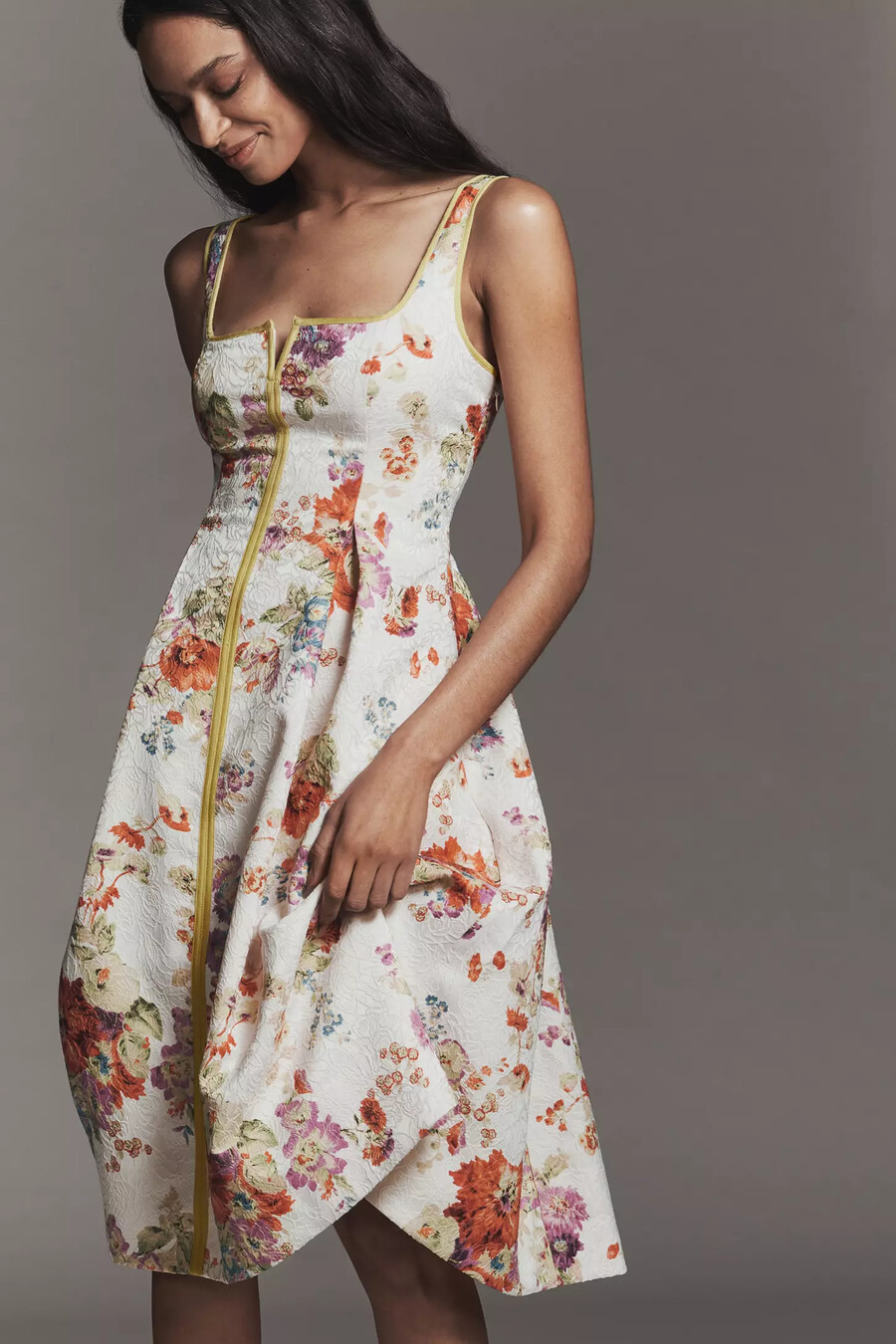 maeve midikleid mit eckigem ausschnitt und paspelierung floralem muster