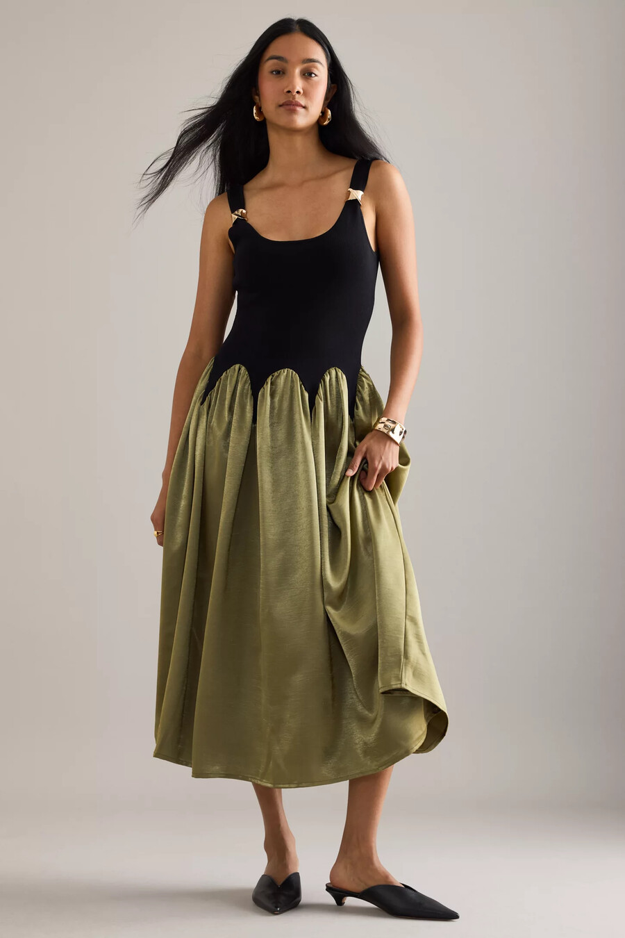 siempre hardware colourblock scalloped midi dress