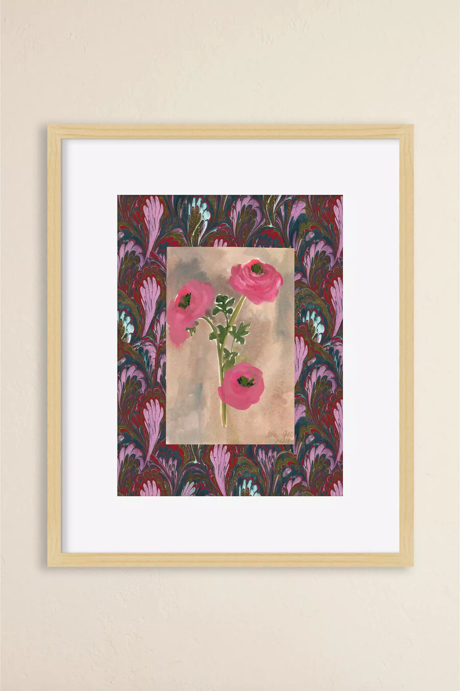 gerahmtes wandbild mit marmorierten blumen