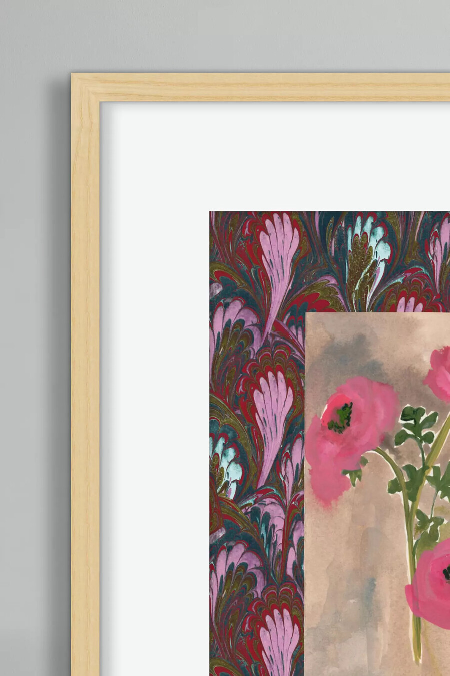 gerahmtes wandbild mit marmorierten blumen