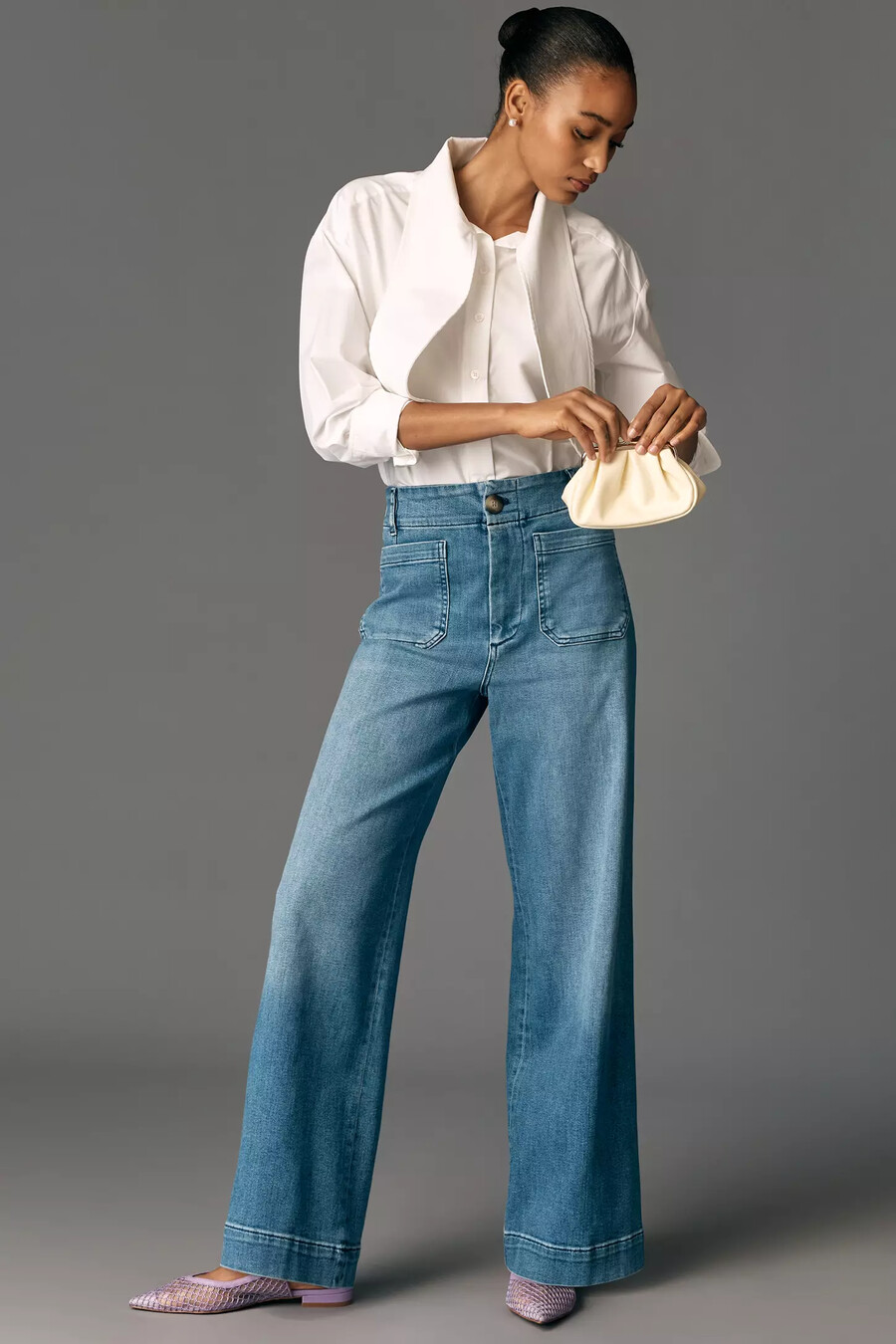 die colette full-length wide-leg jeans von maeve edition mit bestickter tasche