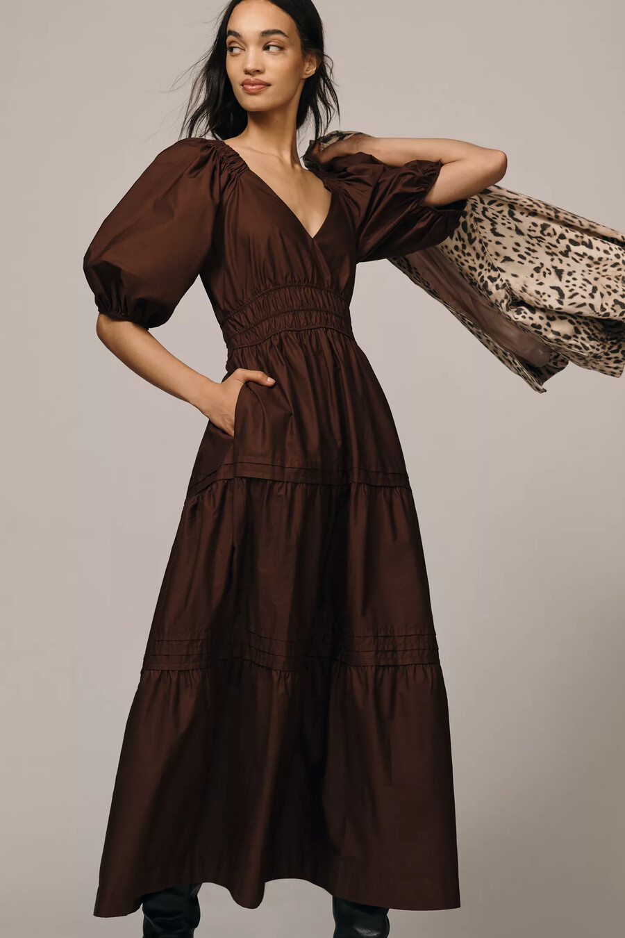 maeve smocked v-neck half-sleeve tiered midi dress