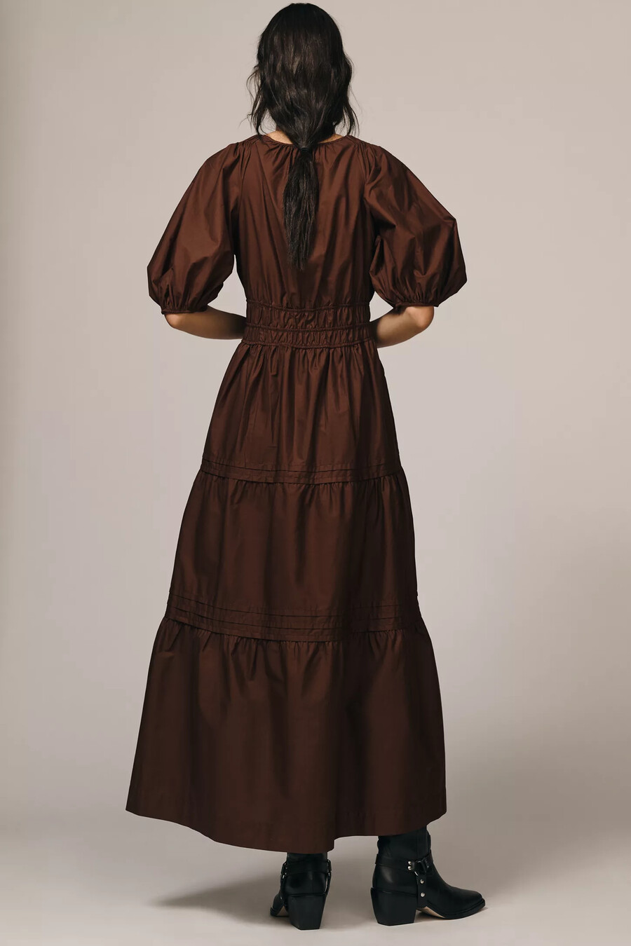maeve smocked v-neck half-sleeve tiered midi dress