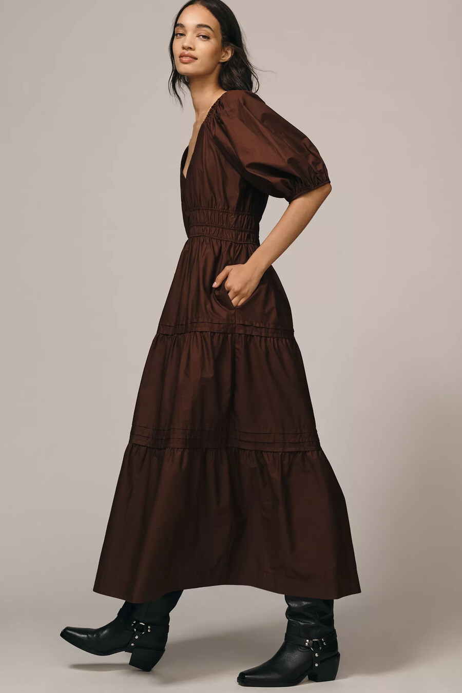 maeve smocked v-neck half-sleeve tiered midi dress
