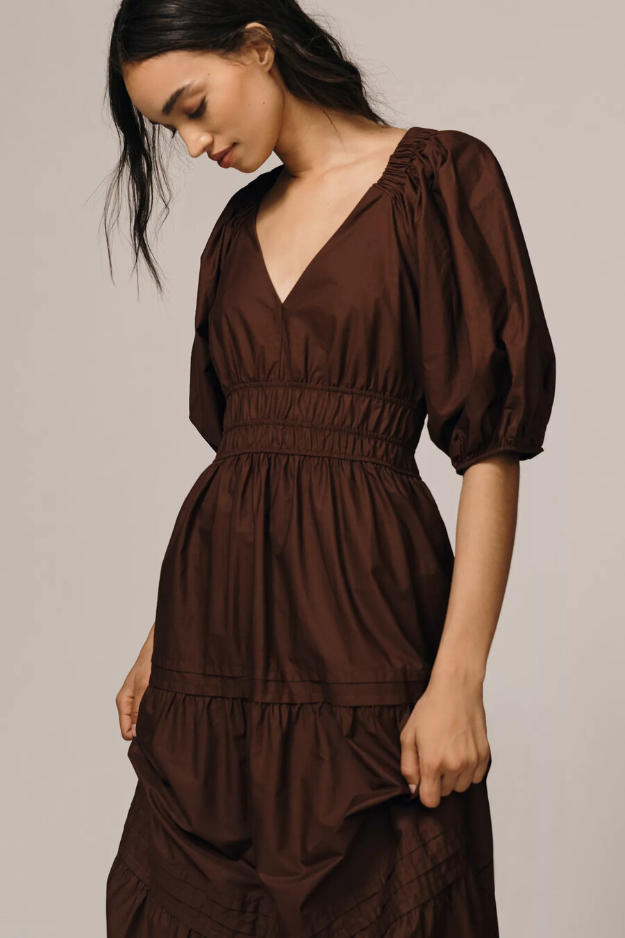 maeve smocked v-neck half-sleeve tiered midi dress