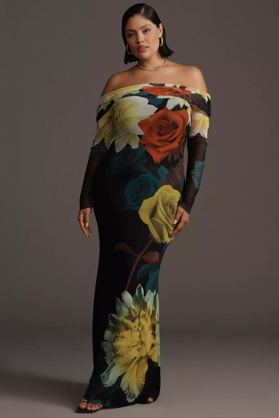 afrm langarm-maxikleid aus schulterfreiem mesh