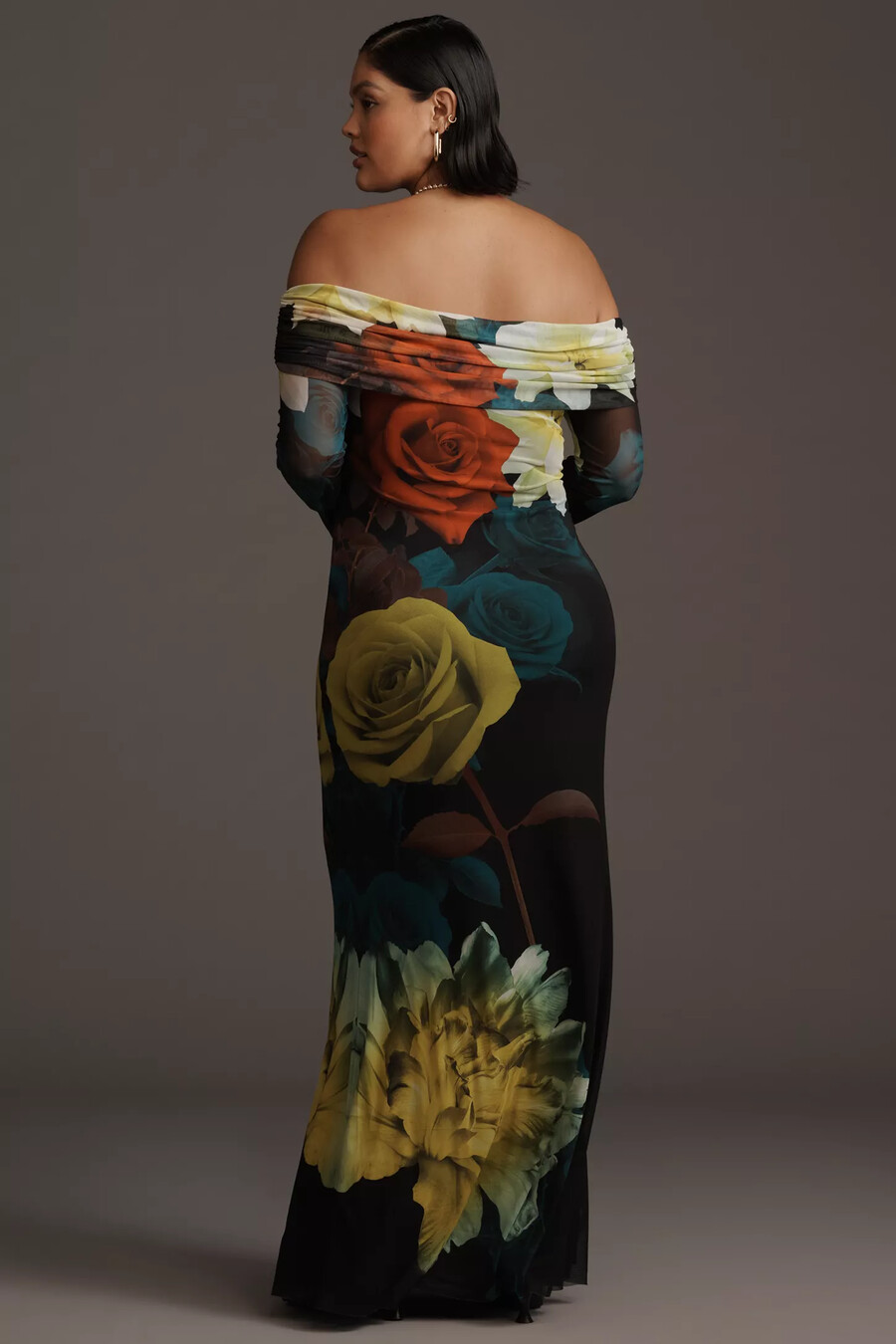 afrm langarm-maxikleid aus schulterfreiem mesh