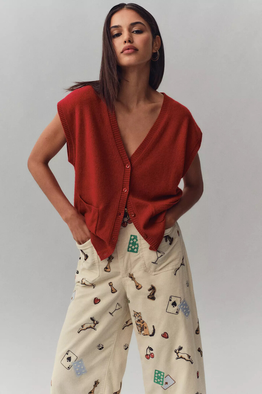 die colette crop cordhose mit print und weitem bein